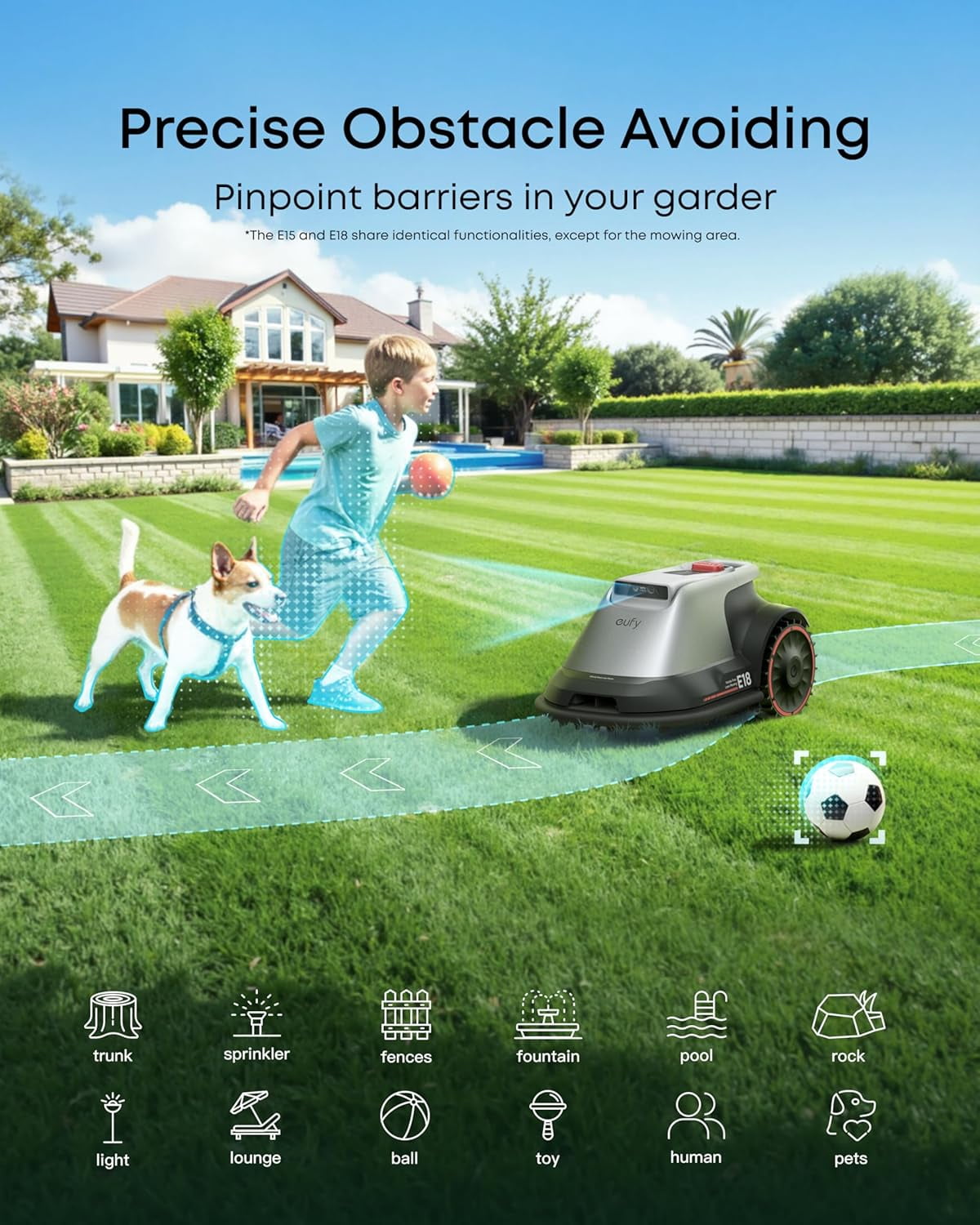 eufy Robot Lawn Mower E15, Auto Mapping,Pure Vision Navigation, Wire Free RTK Free, Multi-Zone Management, AI 3D Obstacle Avoidance, GPS Anti-Theft, 0.2 Acres, 18° Slope, App Control