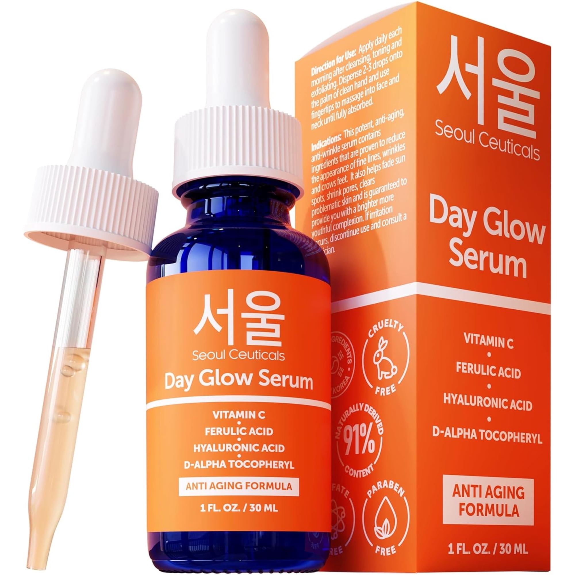 SeoulCeuticals Korean Skin Care 20% Vitamin C Hyaluronic Acid Serum + CE Ferulic Acid - Potent Anti Aging, Anti Wrinkle Korean Beauty Skincare 1oz