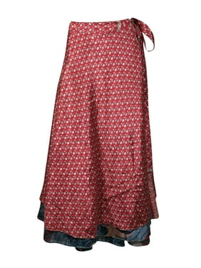 Mogul Women Pink,Orange Vintage Silk Sari Magic Wrap Skirt Reversible Printed 2 Layer Sarong Beach Wear Cover Up Long Skirts One Size