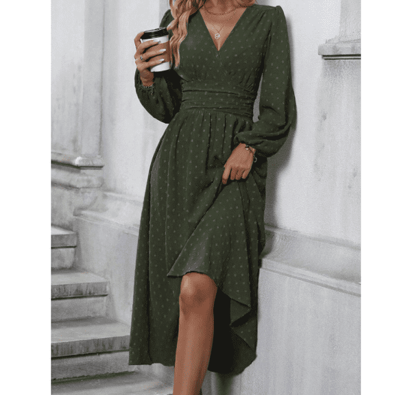 Mettclasi Women's Spring Fall Swiss Dot V Neck Maxi Dress Casual Puff Long Lantern Sleeve A-Line Flowy Dress
