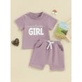 thumbnail image 3 of Musuos Baby Girl 2 Piece Summer Outfits 6 12 18 24M 3T Round Neck Letter Print Short Sleeve Tops + Elastic Waist Shorts Infant Toddler Set, 3 of 10