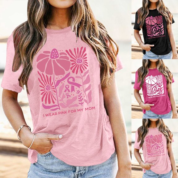 Trendfront Womens Pink Ribbon T Shirts Oversize Drop Shoulder Short Sleeve Loose Fit Tops Trendy Fashion Tee Cancer Awareness Outfits