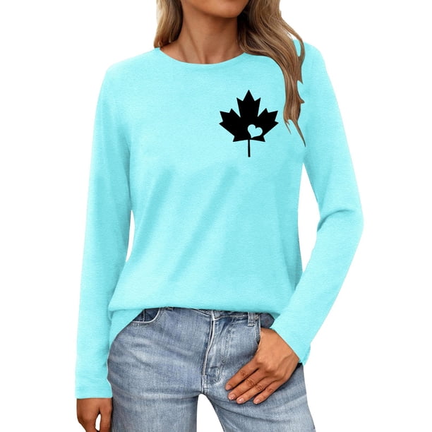 MHFRRA Camiseta de Manga Larga para Mujer con La Bandera del Día de Canadá y La Hoja de Arce Canadiense. Azul Cielo