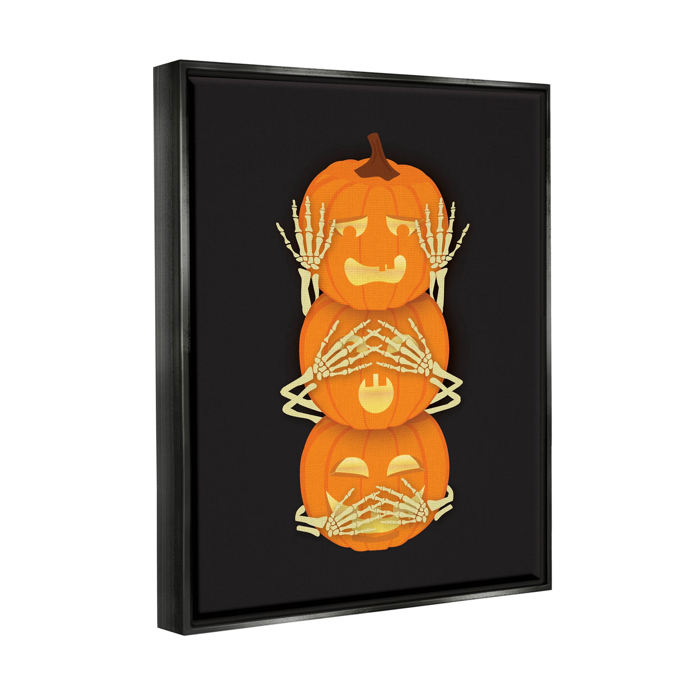 Stupell Industries Hear See Speak No Evil Pumpkins Graphic Art Jet Black Floating Framed Canvas Print Wall Art, Design by Linda Birtel
