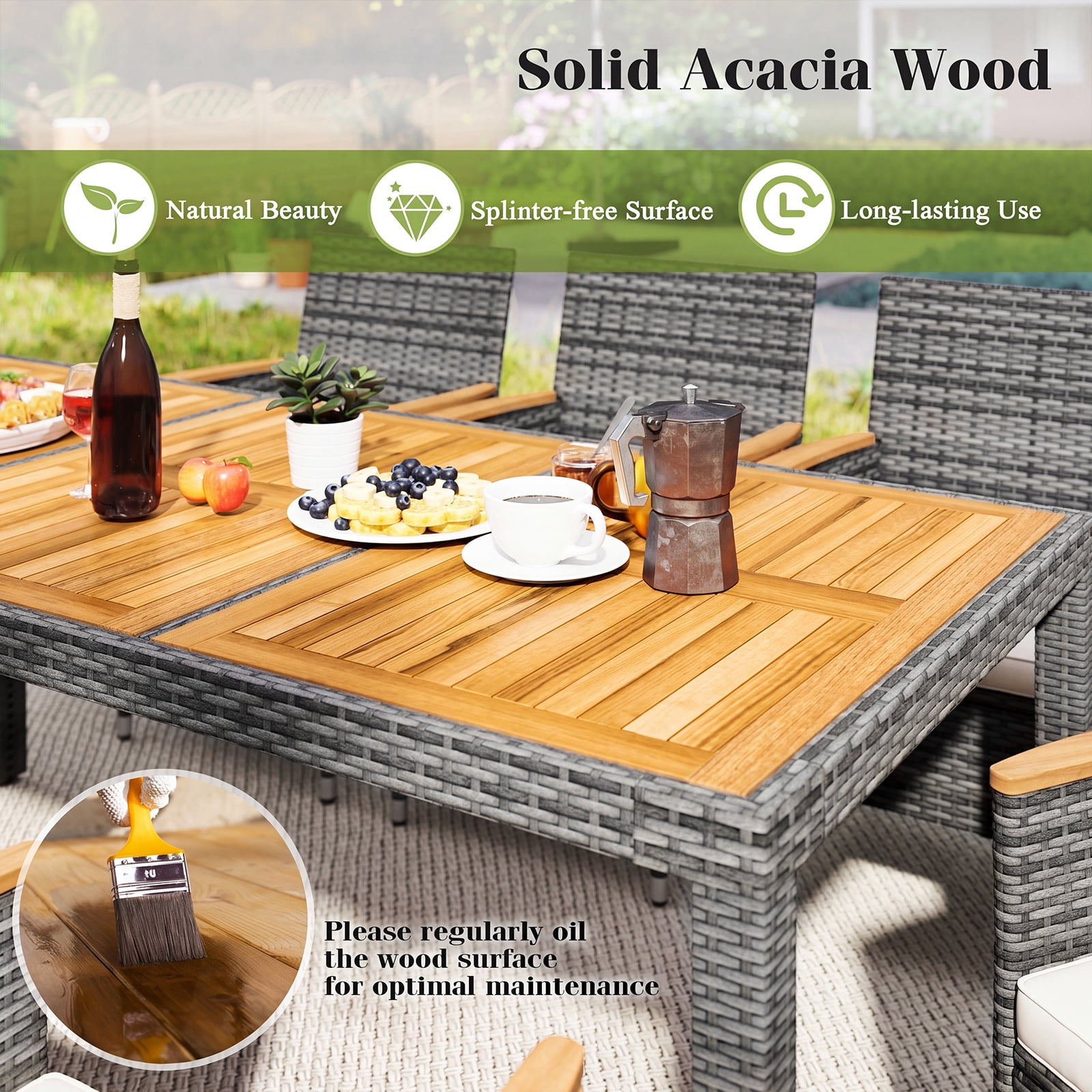 Patiojoy 9PCS Patio Rattan Furniture Dining Set Acacia Wood Table Cushioned Chair for Outdoor