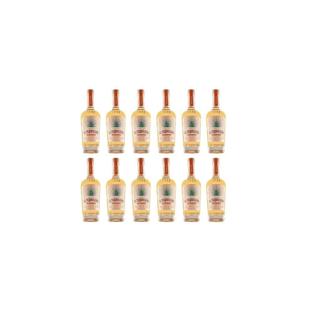 pack de 12 tequila tequileño reposado gran reserva 750 ml — twelve 750 ml El Tequileño Reposado Gran Reserva bottles arranged in two rows, clear glass revealing pale amber to copper liquid, cream label with green agave emblem and brown foil cap, studio white background; often purchased in multiples for events or bar restocking.