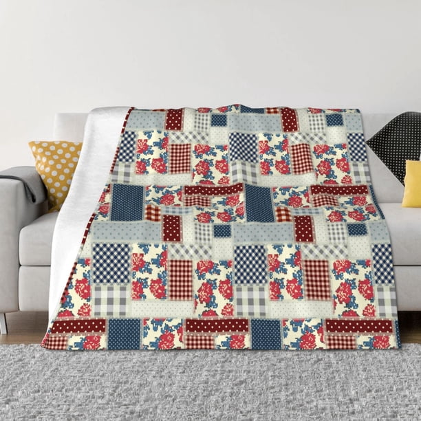 Fotbe Patchwork In Country Style Manta de Franela con Estampado, Manta Ultrasuave para Cama, Sofá, Auto, Hipoalergénica y Antibolitas-60"x50"