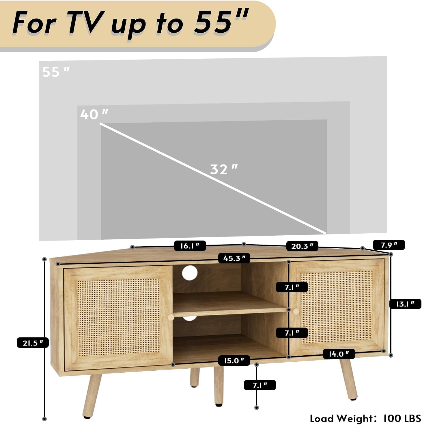 LAZZO Corner TV Stand for 55 Inch TV, Boho Entertainment Center with Rattan Doors, Storage Media Console with Solid Wood Feet & 2 Cord Holes, Natural, for Living Room