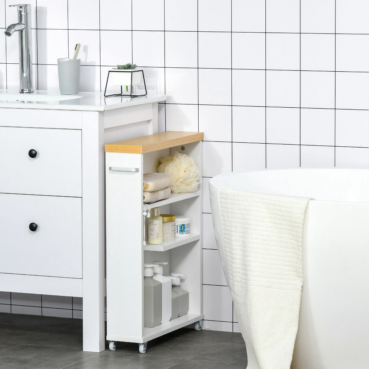 Slim Rolling Bathroom Storage Cart with 3 Open Shelves, Mobile Narrow Toilet Gap Organizer Cabinet on Wheels P2 Particleboard Space Saving Side Storage Unit