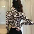 thumbnail image 3 of Women's Leopard Print Turtleneck Slim Long Sleeve Crop Top, 3 of 5