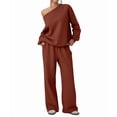 thumbnail image 3 of Women'S 2 Piece Outfits Off the Shoulder Crop Top Wide Leg Sweatpants Matching Lounge Sets Reddish-Brown XXL, 3 of 8