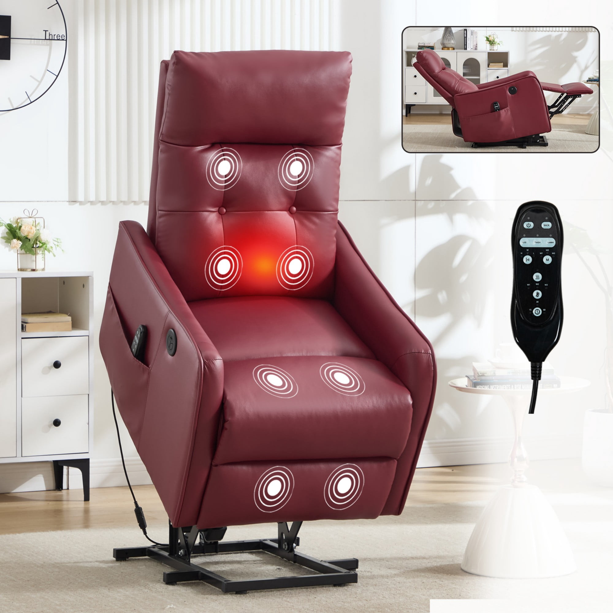BSHTI Faux Leather Power Lift Recliner Chair with Vibration Massage, Lumbar Heat, USB Charging for Living Room(Red)