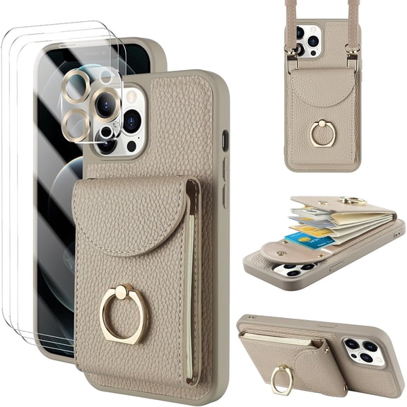 iPhone 12 Pro Max [8 in 1] Wallet Cover with Card Holder 3 Screen Protector Camera Cover Lanyard Crossbody Strap Leather 360°Swivel Ring Stand Heavy Duty Protective Flip Folio Cover 6.7"