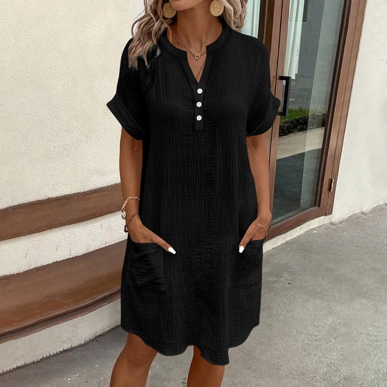 black plain mini dress Vetsdori Womens Short Sleeve Dresses Holiday Sundress Summer Evening Gown Beach V-Neck,Party Outfits for Ladies Solid Color YGroup_lisa-kitten-tall-boot Spaghetti Strap Sexy Backless color:Stormy Mini dresses A halter