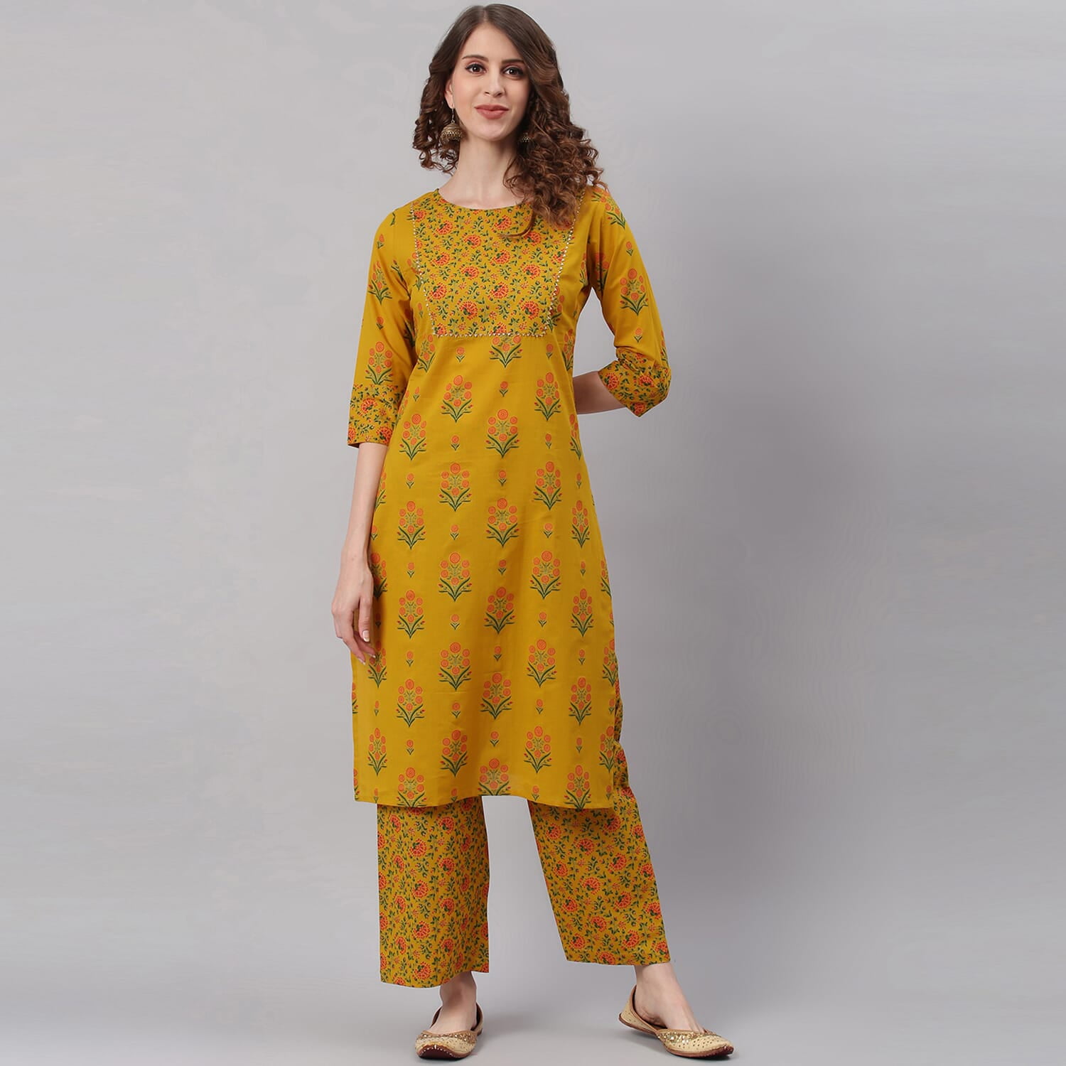 Janasya Indian Round Neck 3/4 Sleeve Floral Print Mustard Cotton Kurta