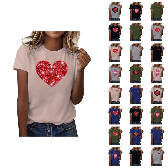T-shirt Femme Saint-Valentin 2026 Mode Manches Courtes Col Rond Cœur Graphique
