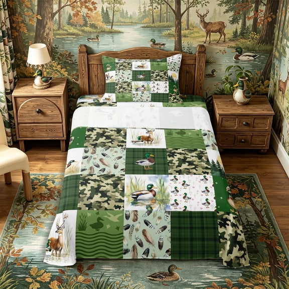 Castle Fairy Mallard Duck Deer Twin Sheets 3pcs,Vintage Camo Geometric Plaid Bedding,Moss Brown Cream,1 Fitted Sheet, 1 Flat Sheet and 1 Pillowcase