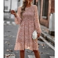 thumbnail image 2 of Vestido de manga larga para mujer, cuello redondo, vestido suelto, estampado a media cintura, falda informal elegante para mujer, marrón XL, 2 of 8