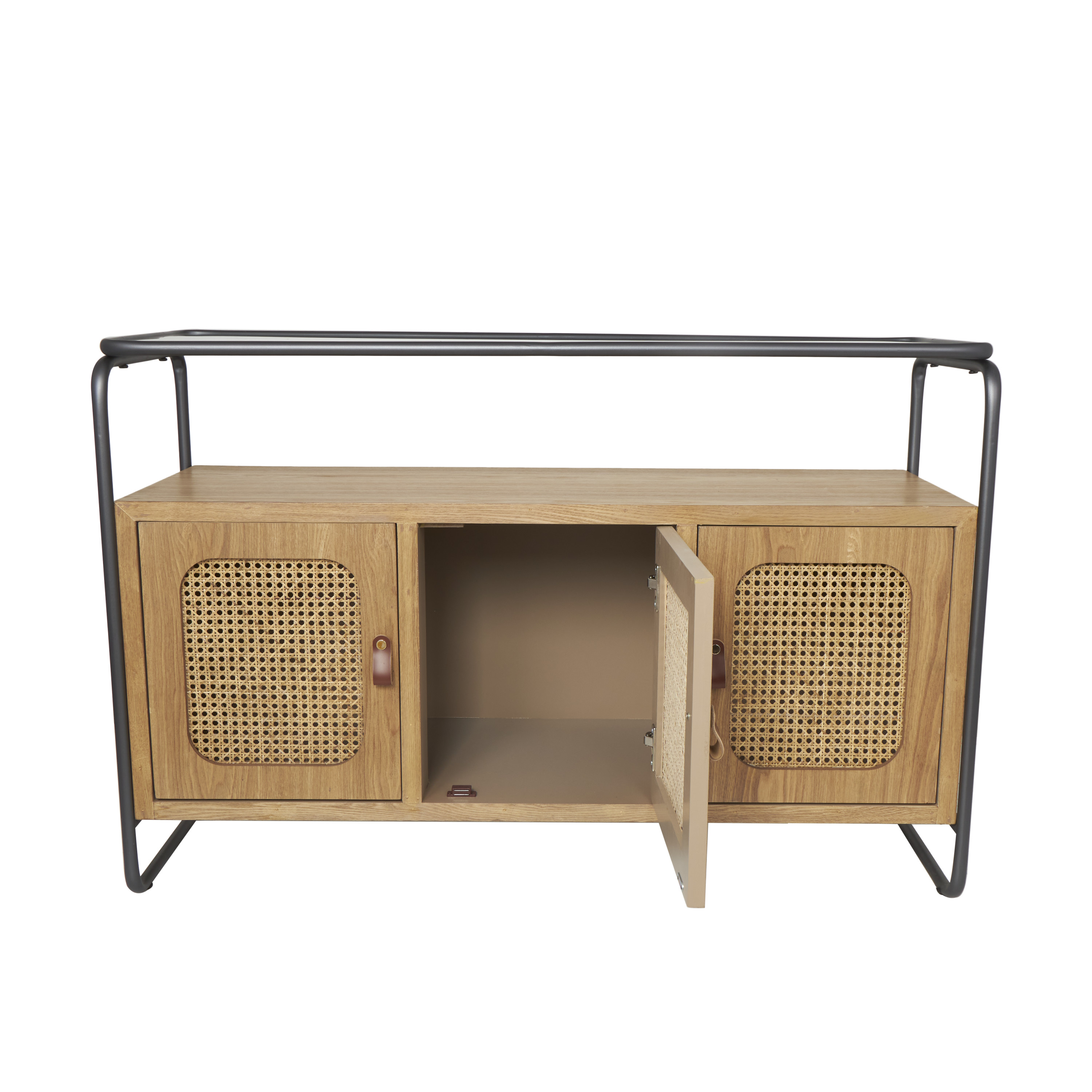 DecMode 48" x 32" Brown Wooden 3 Door Console Table with Cane Front Doors and Gray Metal Frame, 1-Piece