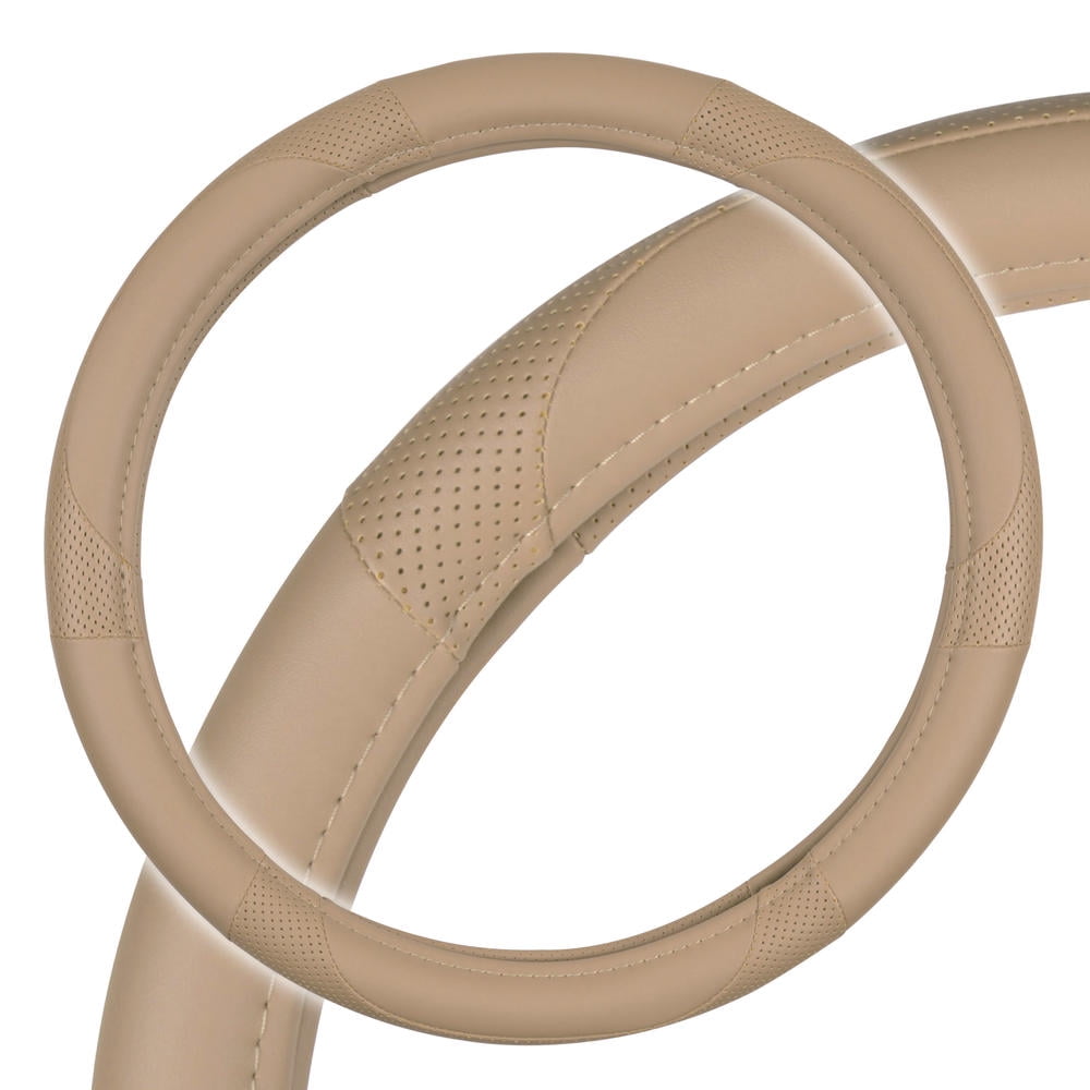 Motor Trend Odorless Beige Classic Stitch Perforated Simulated Leather Steering Wheel Cover for