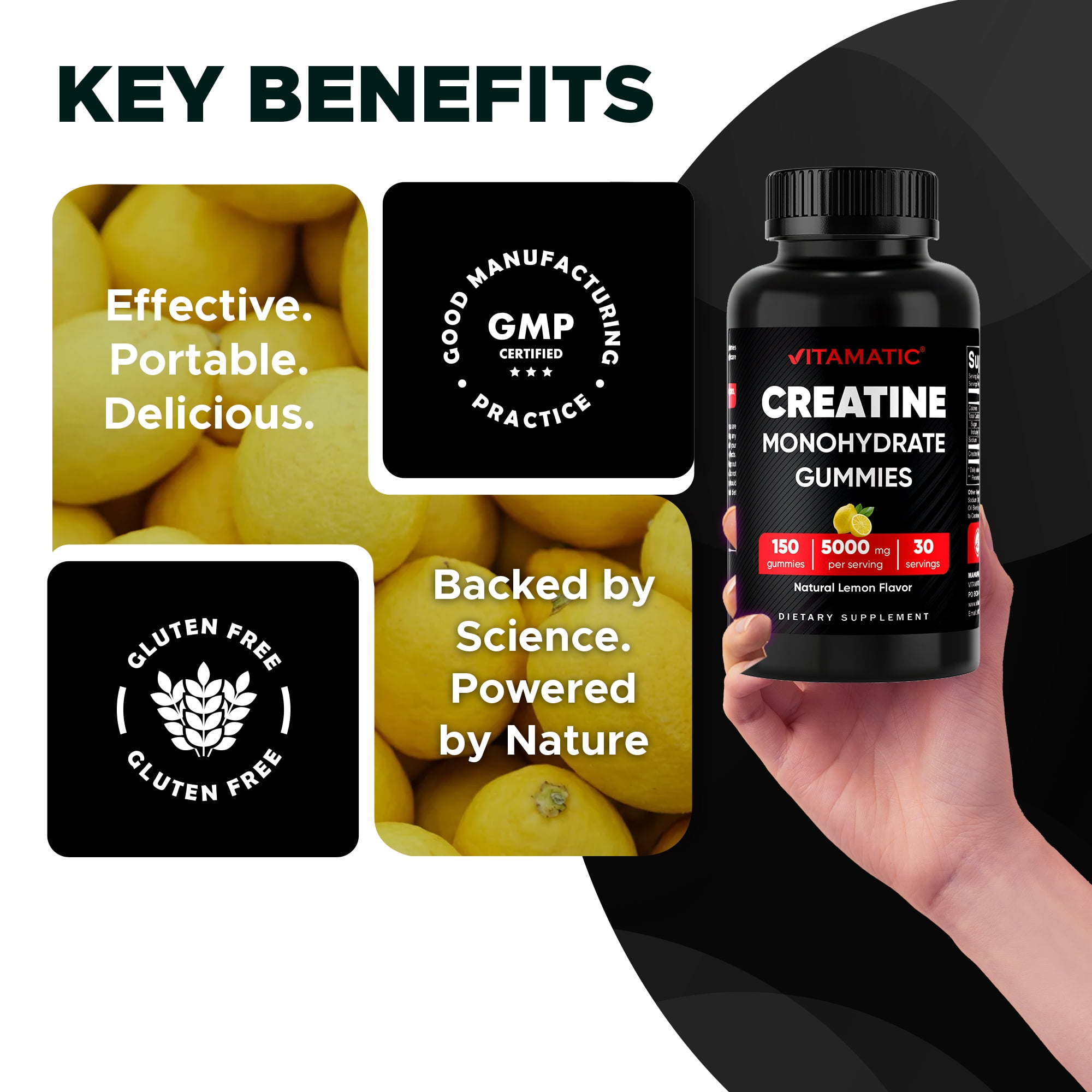 Vitamatic Creatine Gummies 5000mg per Serving Natural Lemon Flavor – 150 Gummies – Creatine Monohydrate for Muscle Strength, Energy & Recovery – Non-GMO, Gluten-Free