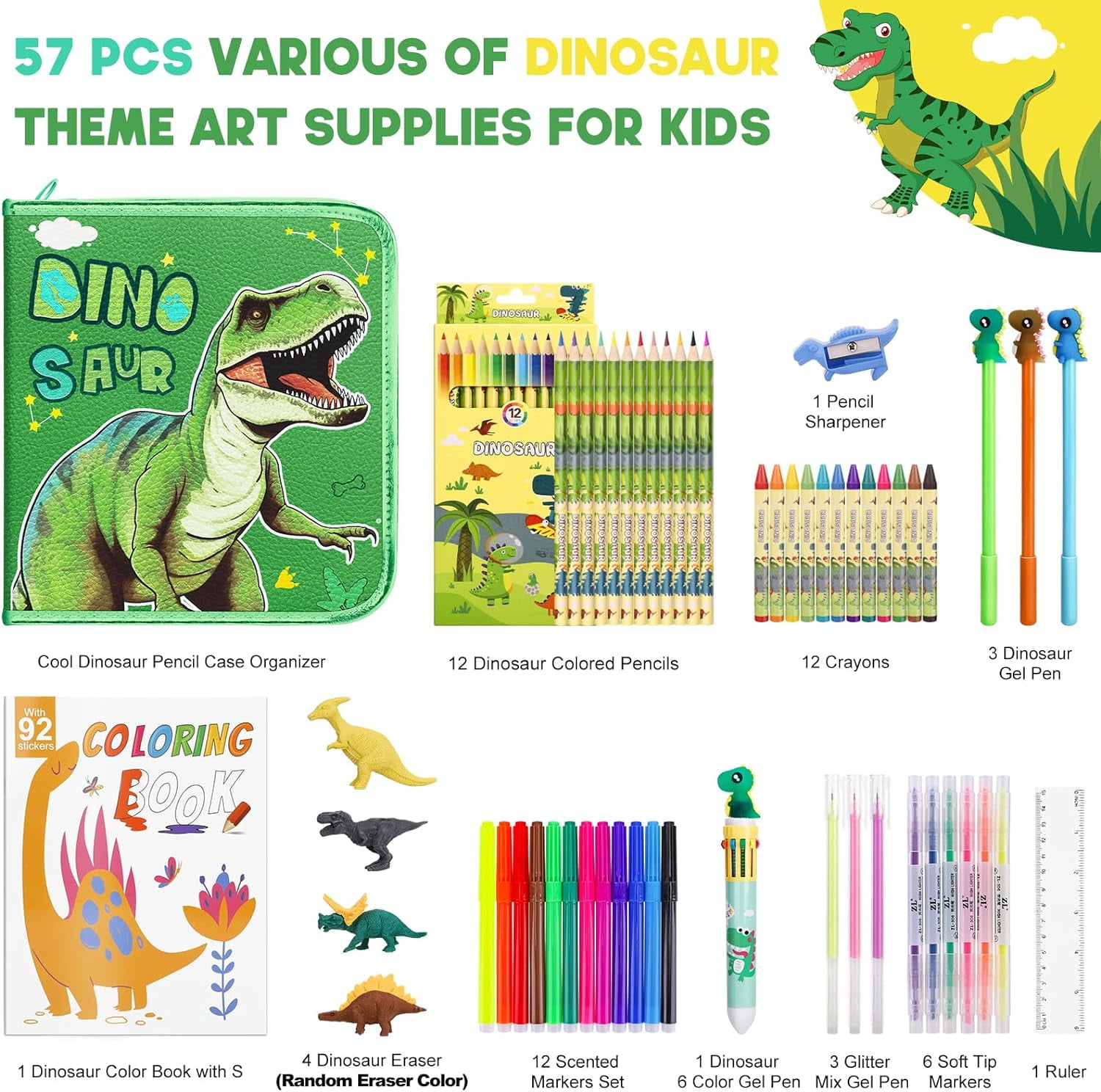 JYPS Fruit Scented Markers Set 57Pcs with Glitter Dinosaur Pencil Case & Stationery, Art Supplies, Art Coloring Kits Box,Gifts Toy,Gel Pen,Pencil&Crayon Drawing Stuff