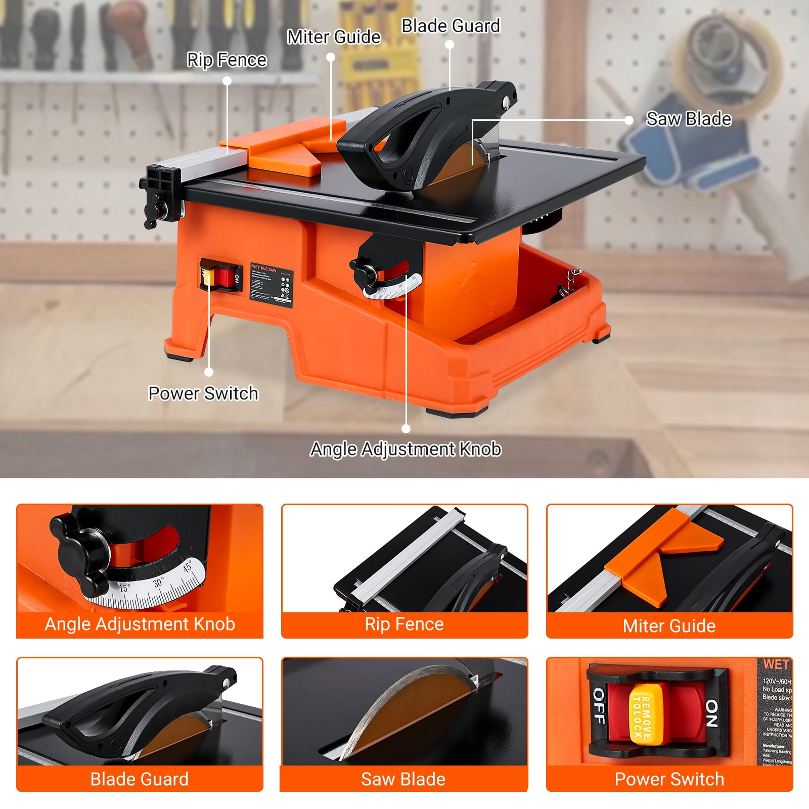 TEQIN 7-inch 65Mn Steel Blade, Wet Tile Saw, 3500 RPM Induction Motor, Electric Tile Cutter Wet Saw with Water Reservoir, 0-45 Degrees Miter Angle for Cutting Tiles and Stones