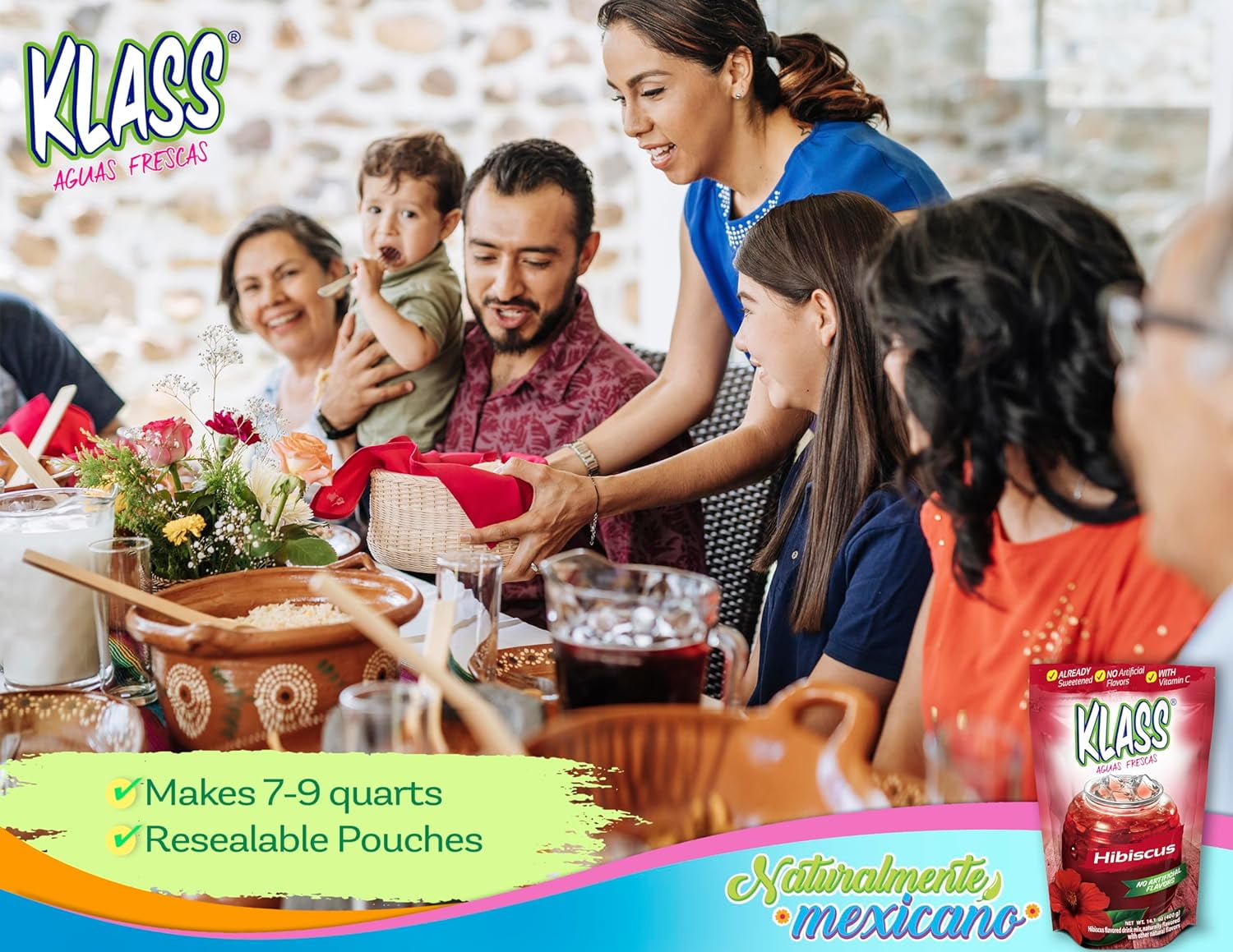 (6 pack) Klass Aguas Frescas Hibiscus, with Vitamin C, Multiserve, Powdered Drink Mix, 14.1oz
