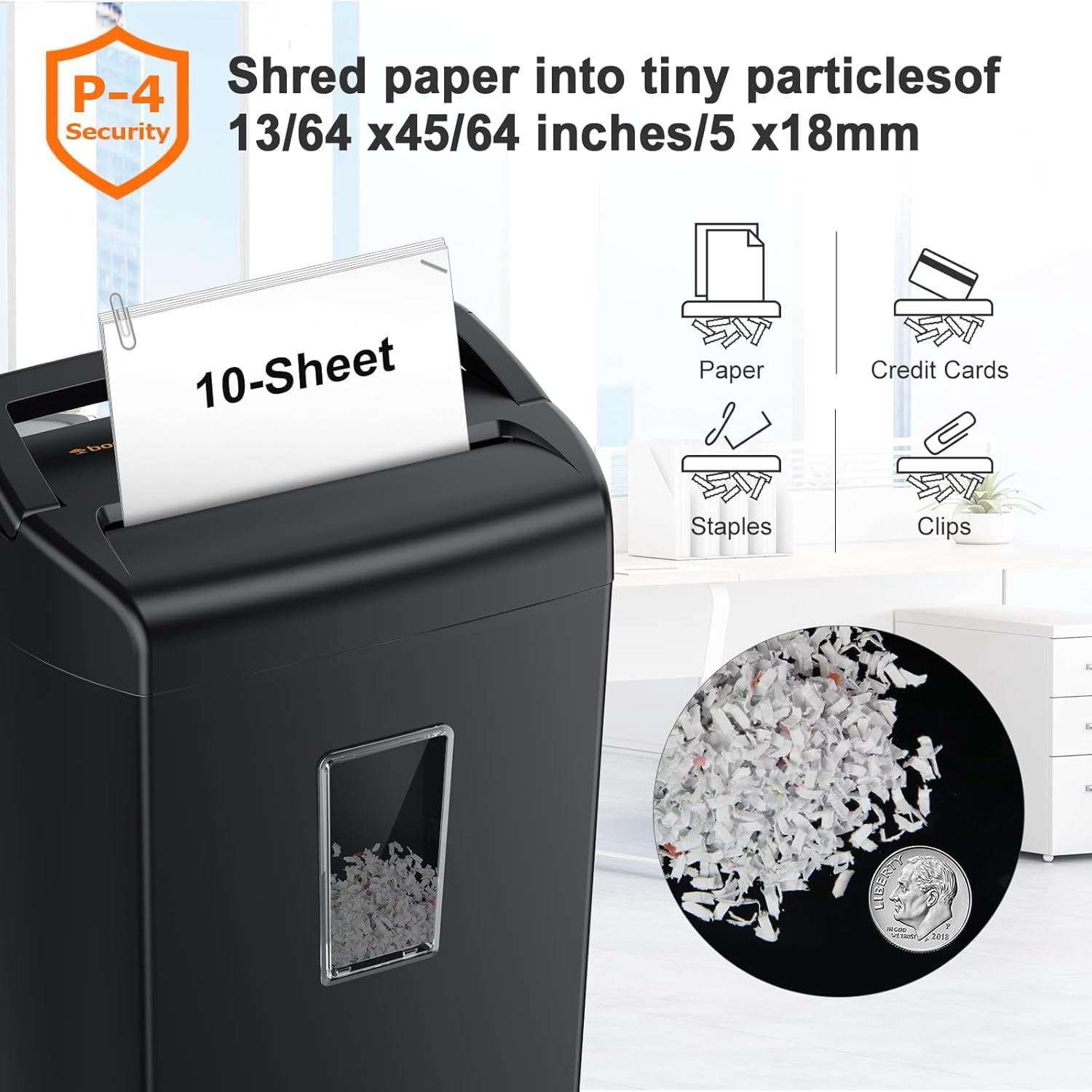 10-Sheet Cross Cut Paper Shredder with 5.5 Gal Bin & Transparent Window – Heavy Duty for Home Office, Safely Destroys Credit Cards, Staples & Paper Clips