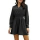 thumbnail image 1 of Vestido de manga larga con cuello en V, color puro, cuello camisero, fibra de poliéster, vestido fruncido para mujer para fiesta, oficina, citas, negro L, 1 of 6