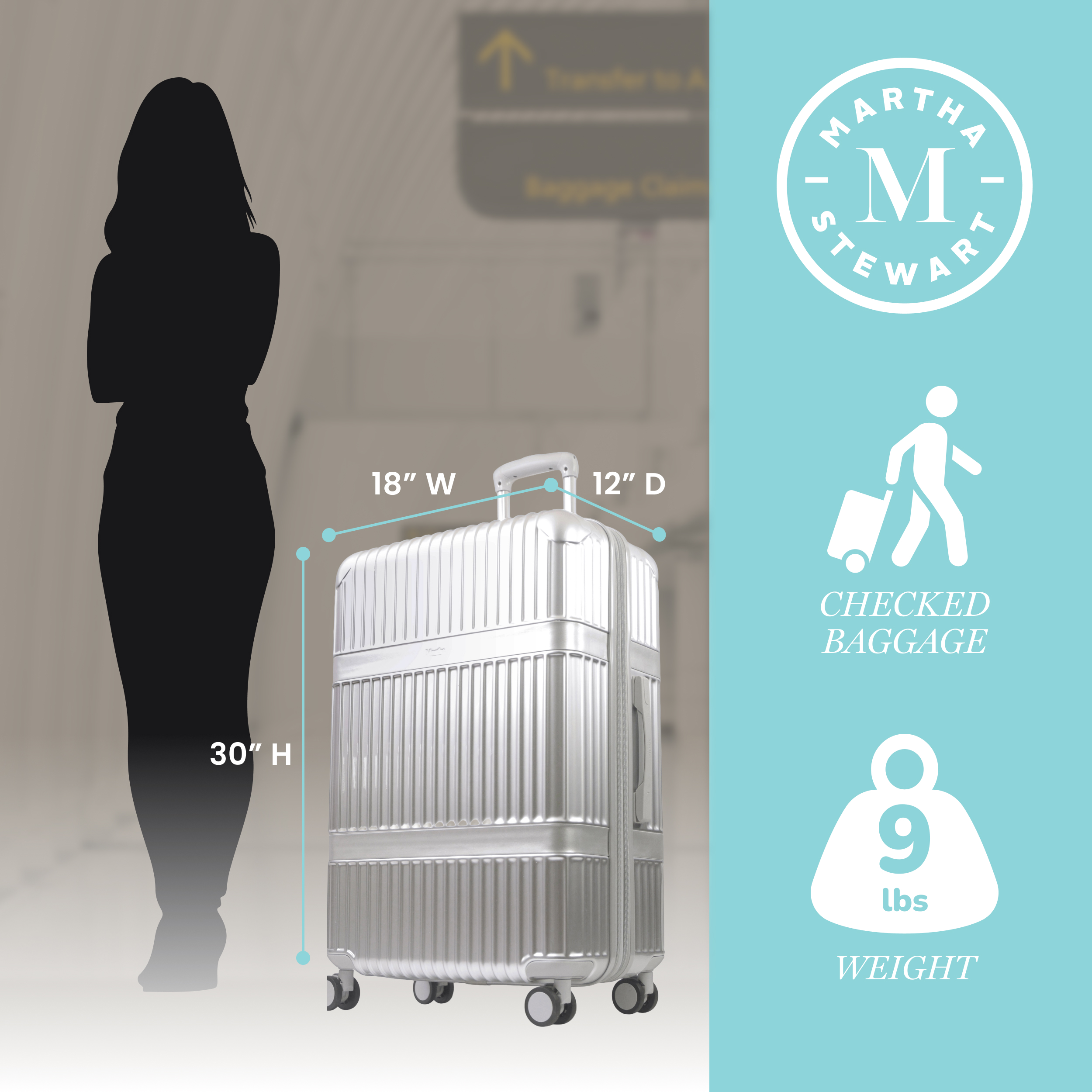 Martha Stewart The Bedford 30 Inch Rolling Luggage, Hardshell Suitcase with Spinner Wheels, Silver