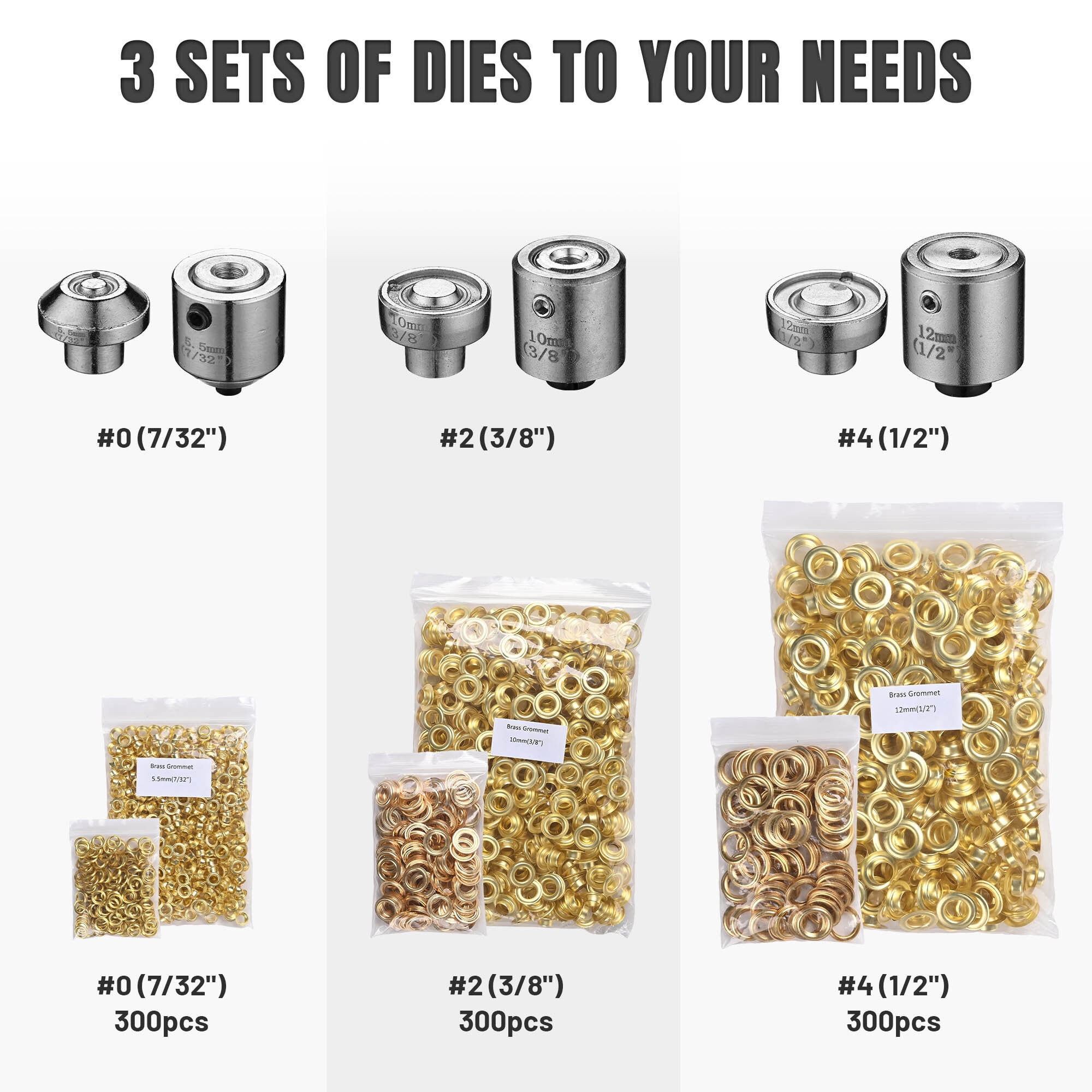 Yescom 7/32" 3/8" 1/2" Grommet Tool Kit 900 sets of Rust-Proof Eyelets and Washers #0 #2 #4 3-die Hand Press Machine and Hole Cutter