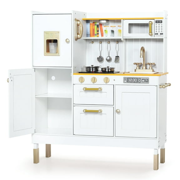 LINLUX Pretend Kids Play Kitchen, Toy Kitchen Playset For Toddler, Wood Kitchen Sets Baby, White