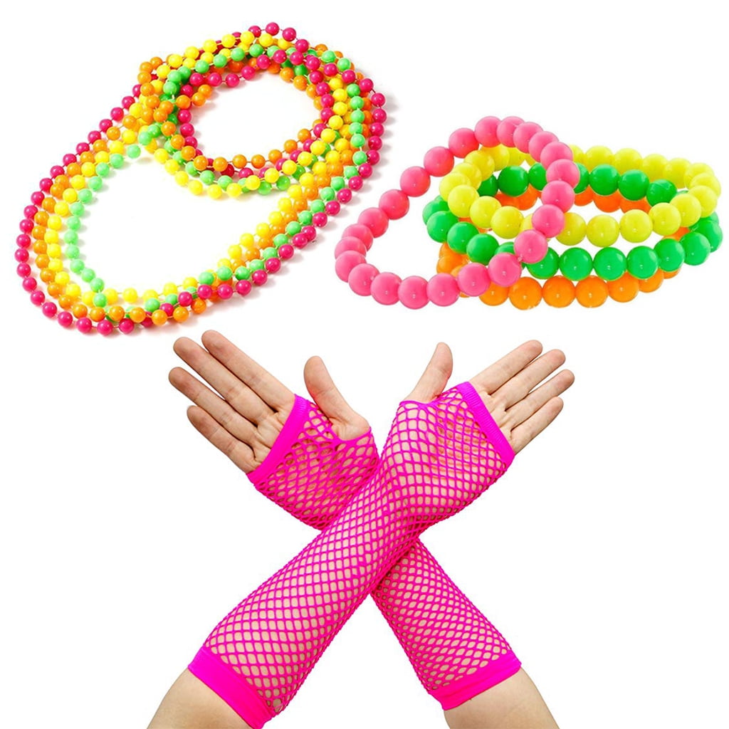80s Neon Beaded Bracelets Set of 4 Beads 80s Fancy Dress 