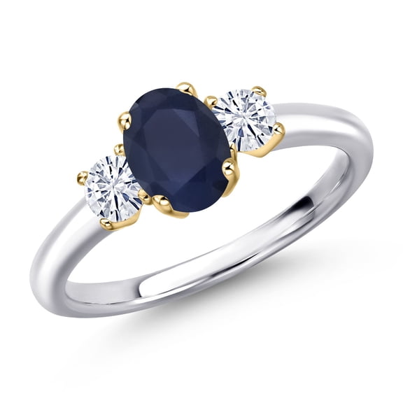 Gem Stone King 925 Silver and 10K Yellow Gold Blue Sapphire and White Moissanite Engagement Ring for Women | 1.32 Cttw | Oval 7X5MM | Gemstone September Birthstone | Size 9