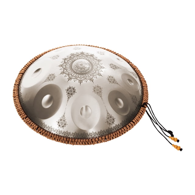 Mini Handpan Steel Hand Drum in C Tone 9 Notes 16 Inches Percussion Instrument Alloy Steel with Drumstick Handpan Stand Woven Rattan Carved Designs Silver