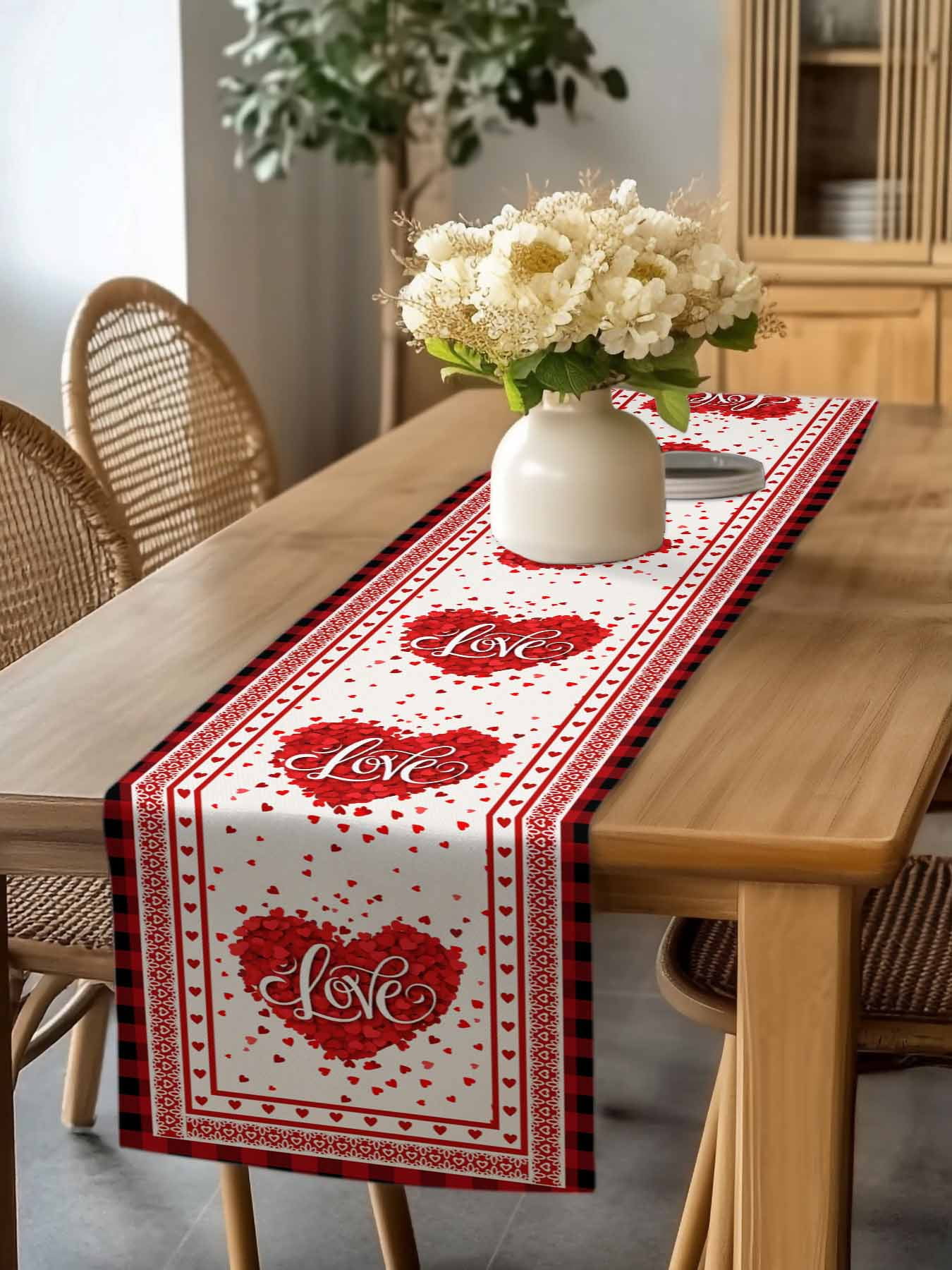 LOVE Heart Table Runner, Valentine's Day Romantic Red Plaid Boundary Washable Cotton-linen Table Runners Dining Kitchen Decoration for Everyday Home Wedding Party Decor, 13 x 90 Inch
