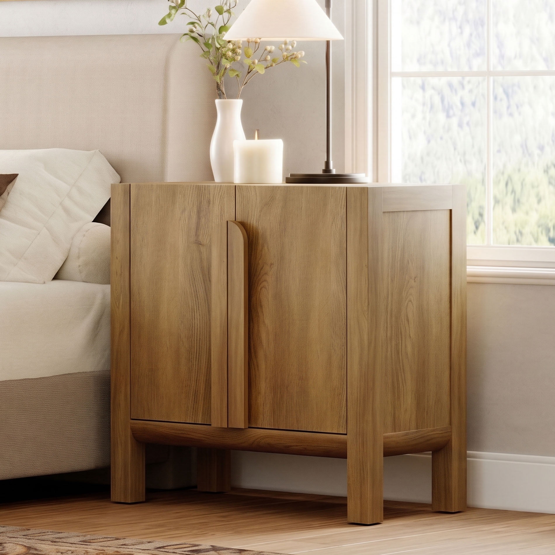 Mid-Century Modern Nightstand with Doors, 31.5" Large End Table, Wooden Bedside Table Storage Cabinet for Bedroom, Living Room,Entryway