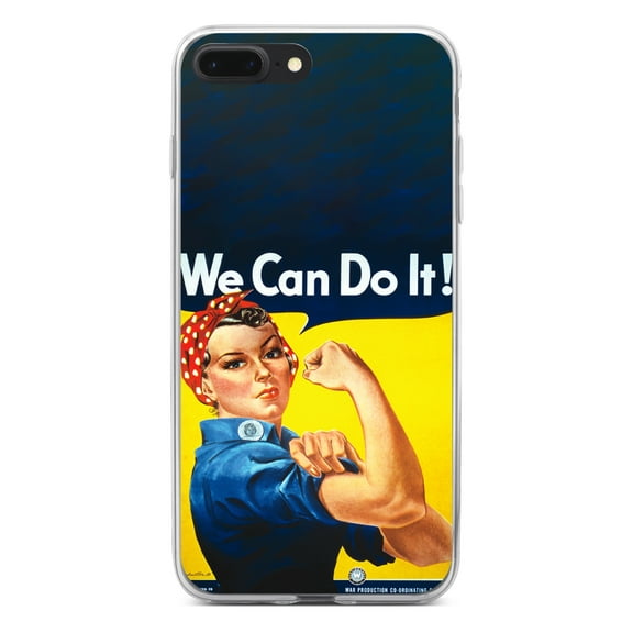 DistinctInk Clear Shockproof Hybrid Case for iPhone 7 PLUS / 8 PLUS (5.5" Screen) - TPU Bumper, Acrylic Back, Tempered Glass Screen Protector - Rosie the Riveter