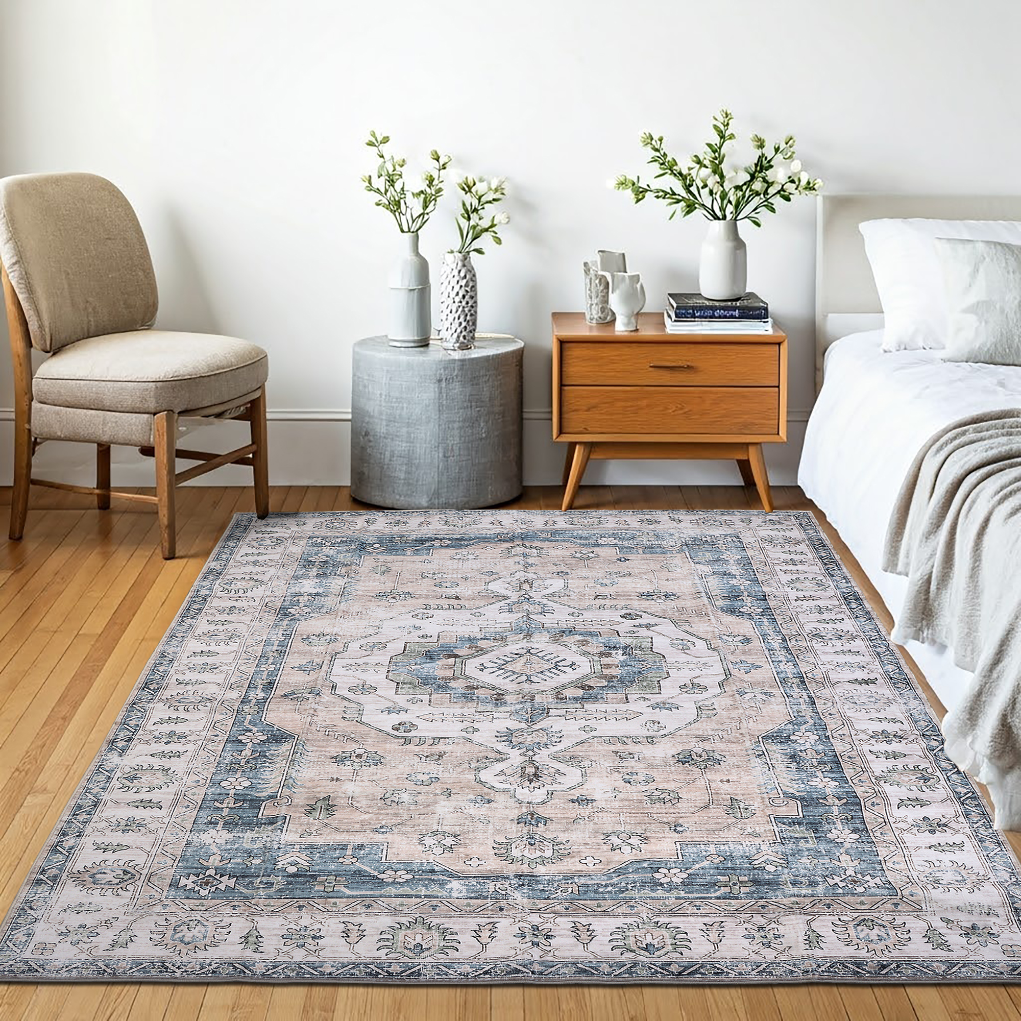 Delara 3'x5' Machine Washable Area Rug, Soft & Durable, Non-Slip, Stain Resistant, Vintage Bloom, for Bedroom, Living & Dining Room