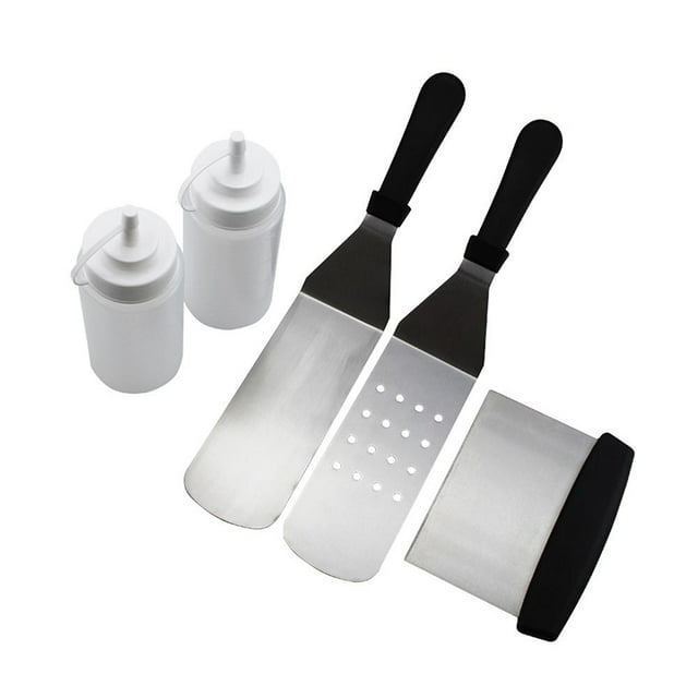 Amdohai Professional Griddle Accessories Kit 5PCS BBQ Tool Kit Stainless Steel. Includes two stainless steel spatulas with black ergonomic PP handles, one with perforations, a stainless steel scraper with a black handle, and two white leak-free PE bottles for condiments or liquids. Designed for outdoor griddle cooking and grilling, this set is durable, eco-friendly, and easy to clean. Ideal for chefs and grilling enthusiasts.