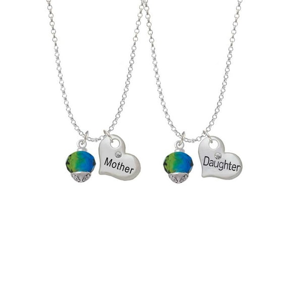 Delight Jewelry 12mm Faceted Hot Blue Glass Spinner Mother & Daughter Heart Necklaces (Set of 2), 19"+2"