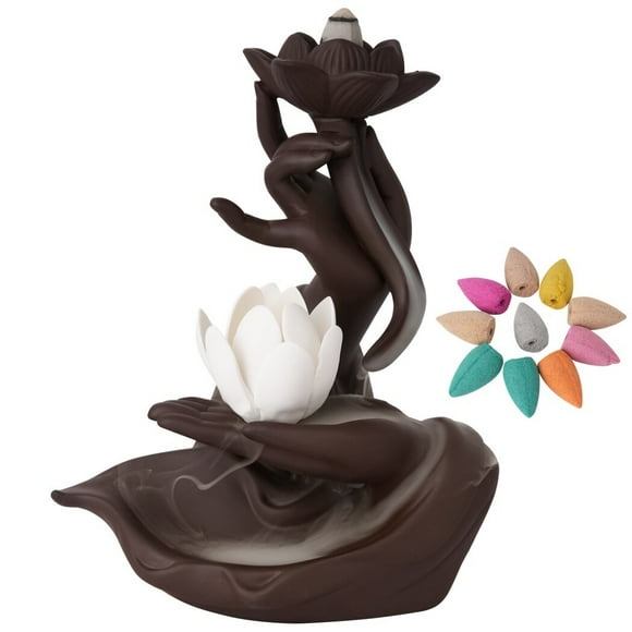 Waterfall Incense Burner, Lotus Ceramic Waterfall Backflow Incense Holder, Aromatherapy Ornament with 10 Backflow Incense Cones + 30 Incense Sticks for Relaxation Yoga Meditation
