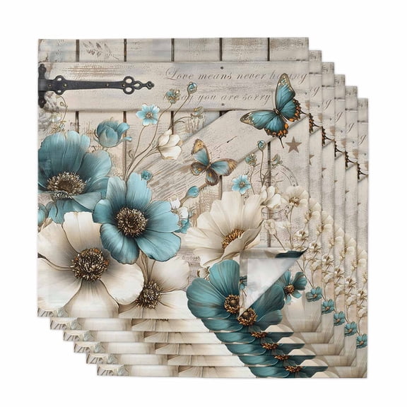 Teal Tulip Butterfly Cloth Napkins, Beige Turquoise Floral Farmhouse Wooden Washable and Reusable Dinner Napkins Set of 6, Table Napkin for Kitchen Party Birthday Wedding Hotel Housewarming 20"x20"