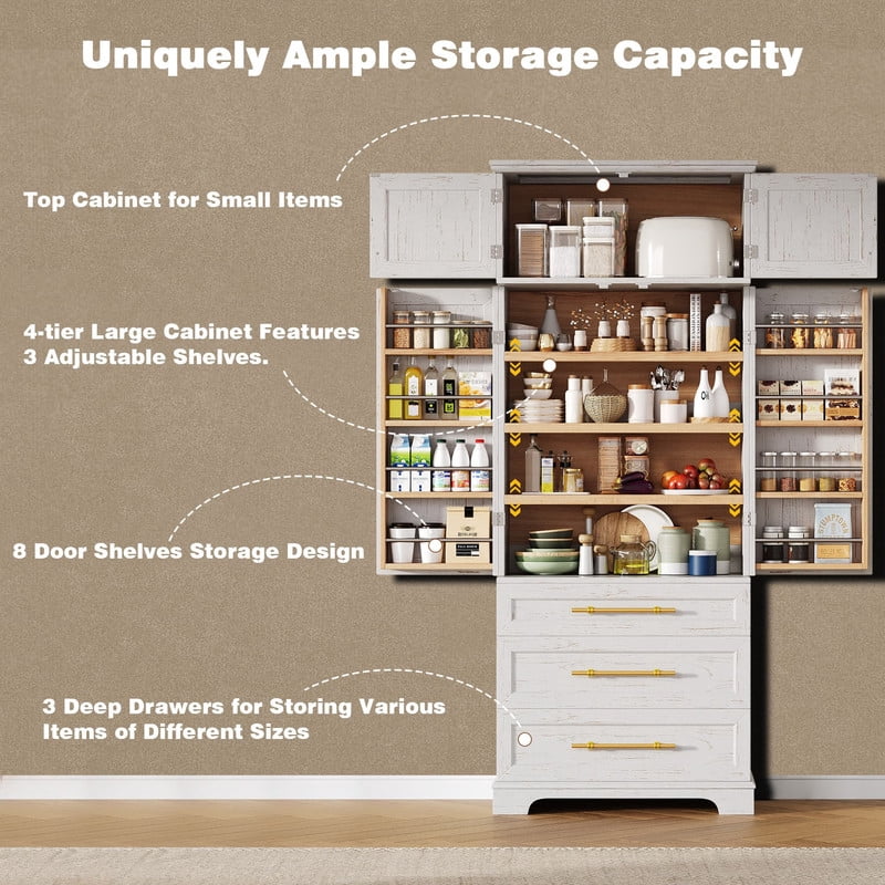 Farmhouse Kitchen Pantry Cabinet with 8 Door Shelves, Versatile Cupboard with 3 Drawers, 78.2'' Tall Kitchen Storage Cabinet with 3 Adjustable Shelves