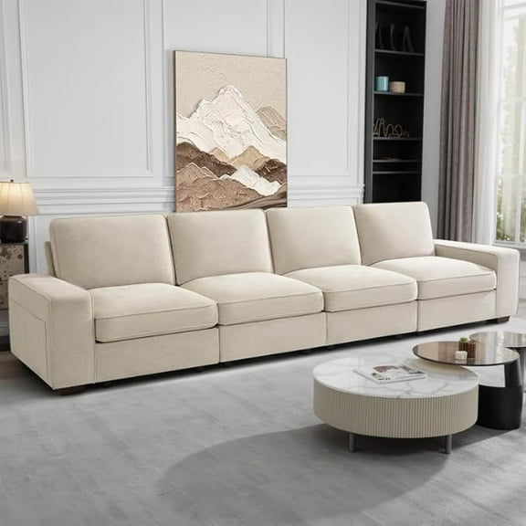 Modular Couch for Living Room, Deep Seat With Storage, Free Combination Upholstered Chenille With Removable Cover, 4-Seater Sofa, Beige