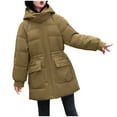 thumbnail image 3 of Jinhomg Womens Fashion Padded Jacket Thermal Cozy Double Closure Hooded Coat Casual Loose Mid Length Long Sleeve Quilted Coat with Pockets Sales Today Clearance Khaki M, 3 of 8