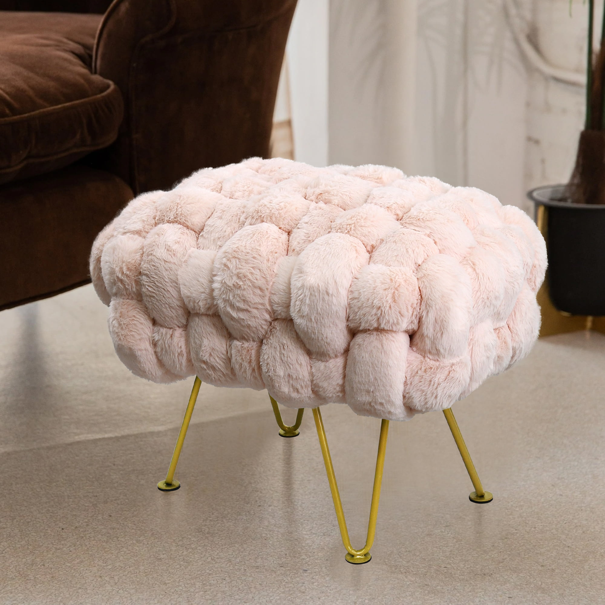 Home Soft Things Pink Jacquard Solid Faux Fur Round Ottoman, 18 x 18 x  18, Sepia Rose, Comfy Fuzzy Ottoman Makeup Stool for Bedroom Living Room