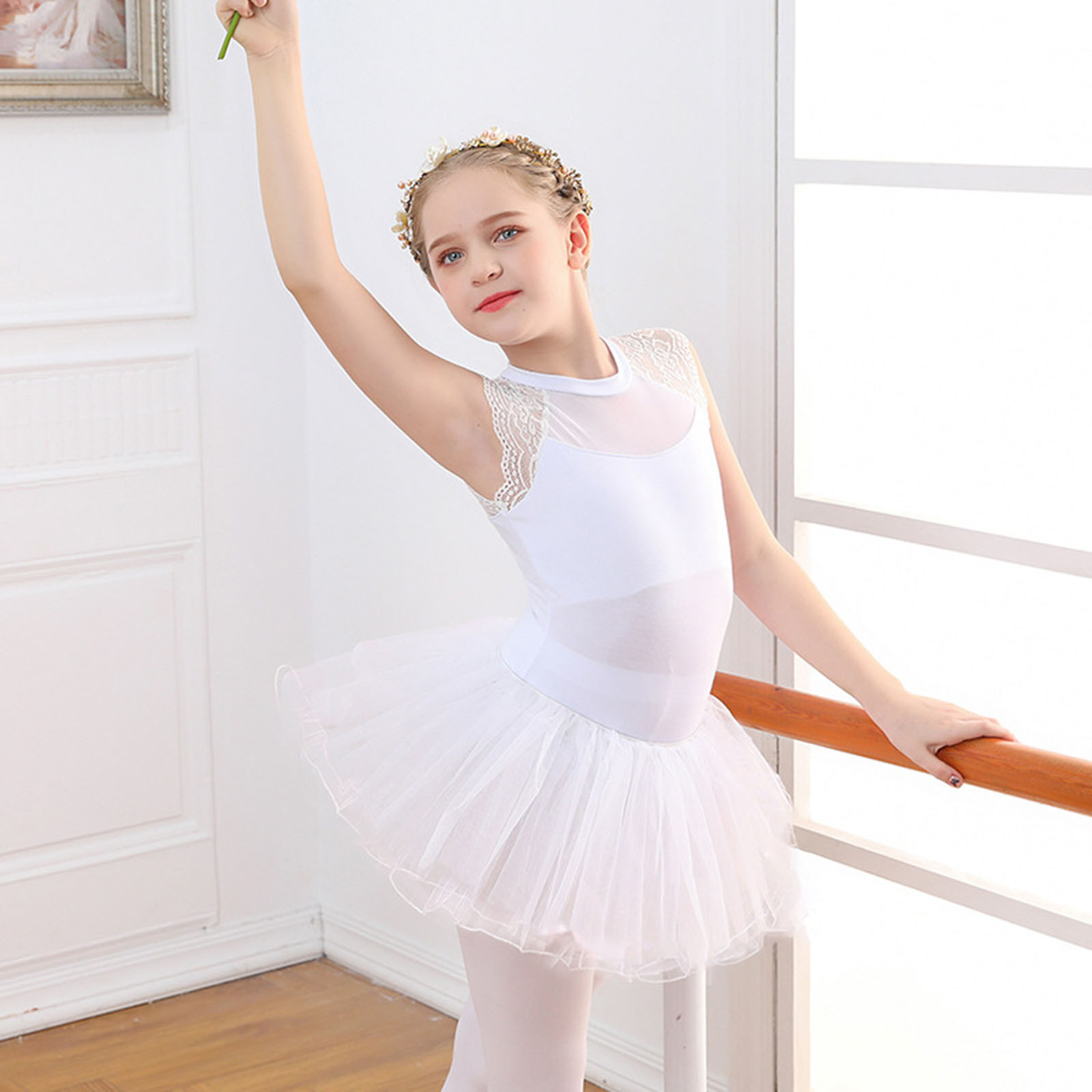 Robe Tutu Ballet Pour Fille - Justaucorps En Coton Avec Manches Volantes Et Bretelles Croisées