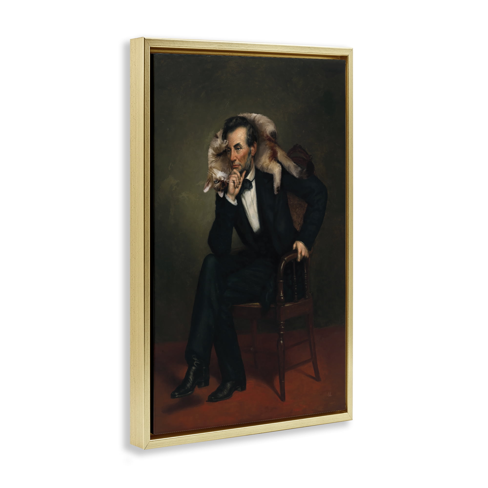 Stupell Industries Cat & Historical Leader Gold Framed Floater Canvas Wall Art, design by Sarah Adams